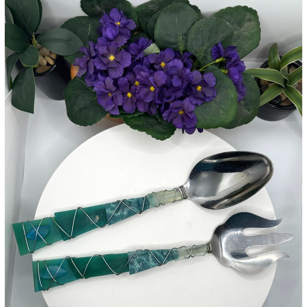 Handcrafted Stainless Steel Salad Server Set With Unique Glass Wrapped Handles